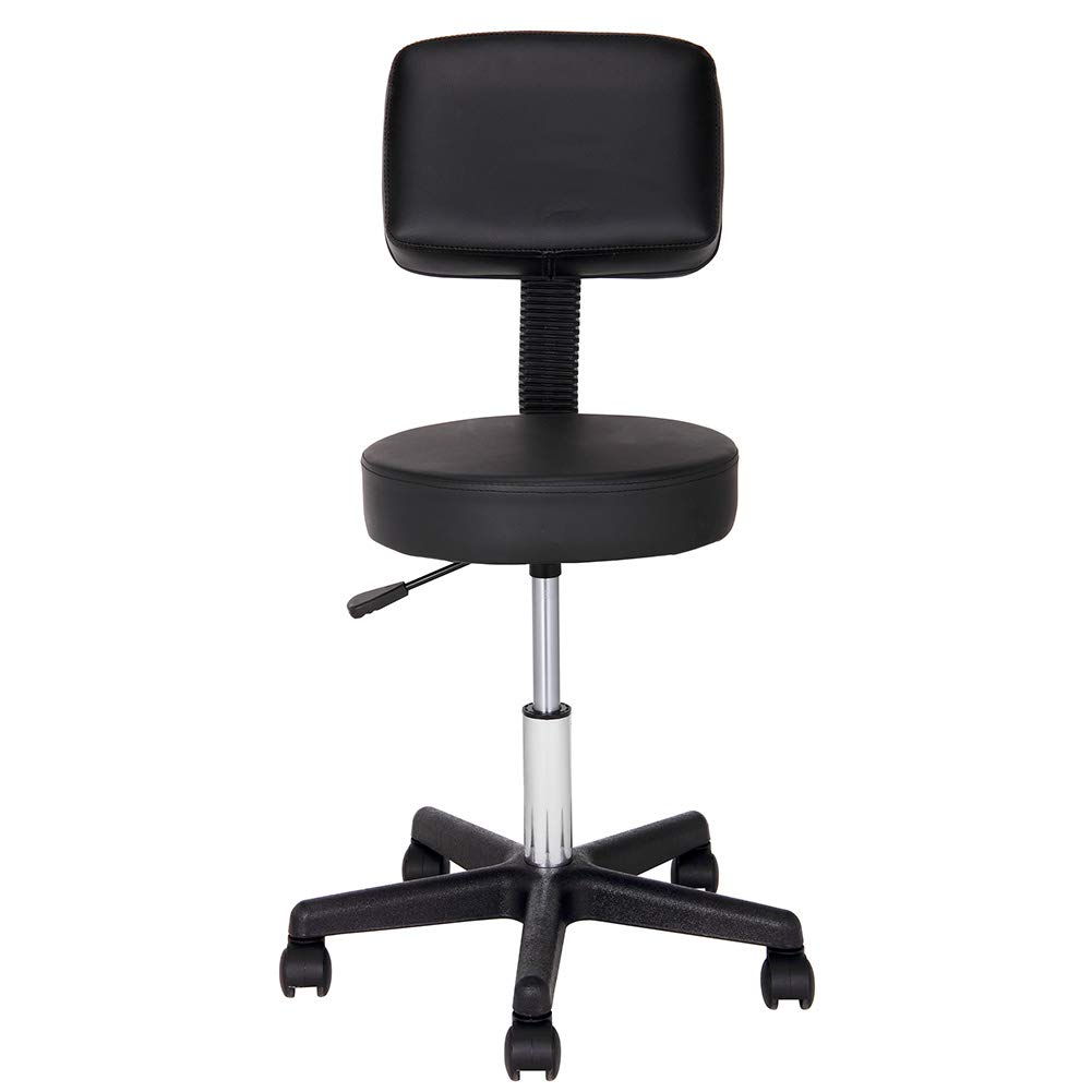 BAKAJI Taburete estetista con Respaldo y Asiento de Piel sintética Silla giratoria alltezza Regulable 5 Ruedas Ideal para Casa, despacho, Estudio médico Masaje Tatuajes Fisioterapia