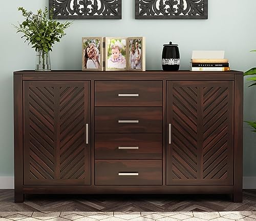 Image of Solid Sheesham Wood Sideboard Cabinet - Multipurpose Wooden Storage Unit with 4 Drawers & 2 Door - Free-Standing Chest for Living Room, Dining Room & Entryway - Walnut Finish