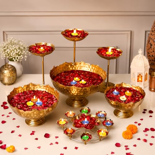 Taj Bowl Hammered Urli Candle Stand with Floating Diya, 9 Pieces ...