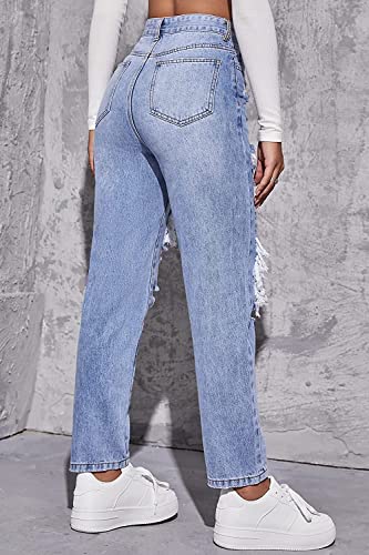 Women's High Waist Straight Leg Ripped Jeans Distressed Denim Pants - Image 5