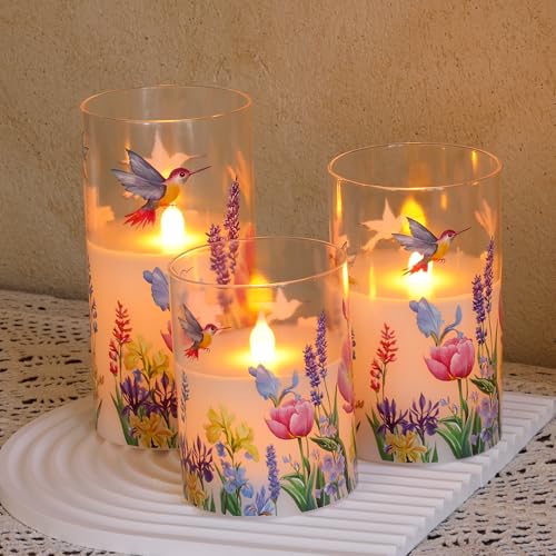 Image of Glass Flameless Candles with Remote, Hummingbird Floral Battery Operated Candles, Flickering LED Pillar Candle for Wedding, Home, Party Gift, Set of 3