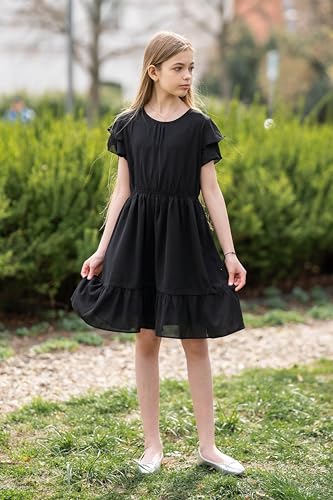 Arshiner Girls Dresses Formal Ruffle Sleeve Elegant Chiffon Party Pleated Casual Swing Dress with Pockets for 5-12 Years4