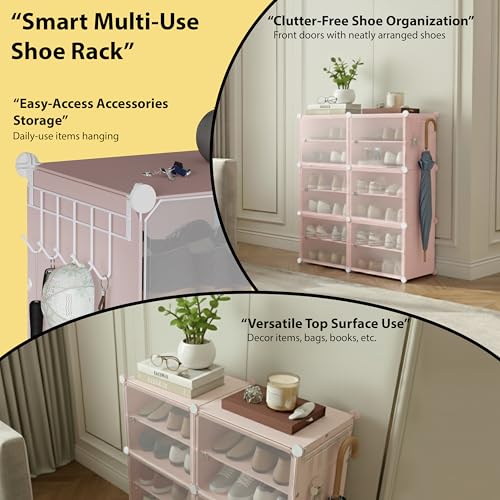 Image of ALOXE DIY Foldable Shoe Rack | 4 Layer Plastic Shoes Rack with Door Cover | Multipurpose Stand for Home & Entryway (Pink)