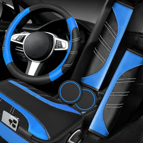 NBTEPEM 6 Pcs Blue Car Accessories Set Sport Leather Steering Wheel Cover 14.5-15inch Universal Microfiber Leather Car Center Console Cover Seat Belt Cushion Cup Holder Coaster (Black-Blue)