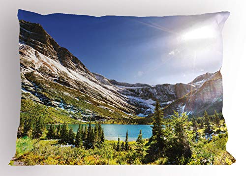 Ambesonne Glacier National Park Pillow Sham, Peaceful Nature Scene from Montana Mountains Lake and Sun in Sky, Decorative Standard King Size Printed Pillowcase, 36