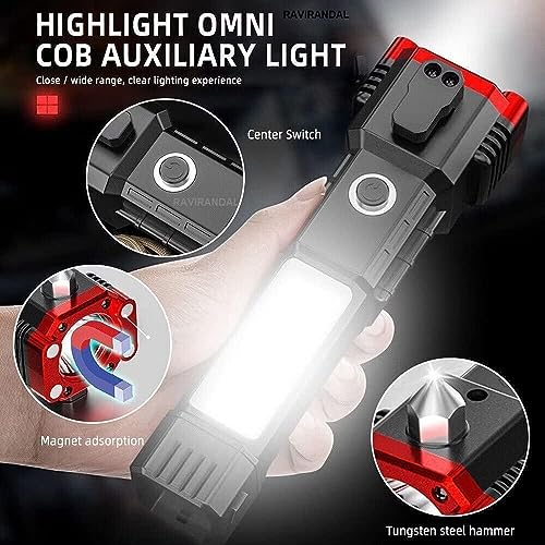 Image of Torch Light Rechargeable Flashlight, Long Distance Beam Range Car Torch with Hammer, Window Glass and Seat Belt Cutter, Built-in USB Fast Charger Power Bank
