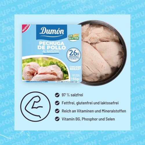 12 Einheiten von 155g. Dumon Hähnchenbrust in Dosen. Hühnchen im eigenen Saft oder Wasser. Konserven mit hohem Proteingehalt, 26 g pro 100 g natürliches Huhn. Leicht zu öffnen.