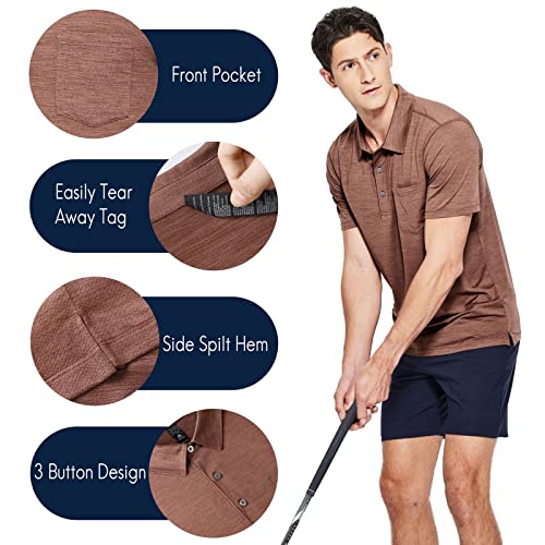Haimont Men's Golf Shirt With Pocket Short Sleeve Polo Shirts Quick Dry Moisture Wicking Collared Stretchy Performance Heather Brown,Xl #TOP4