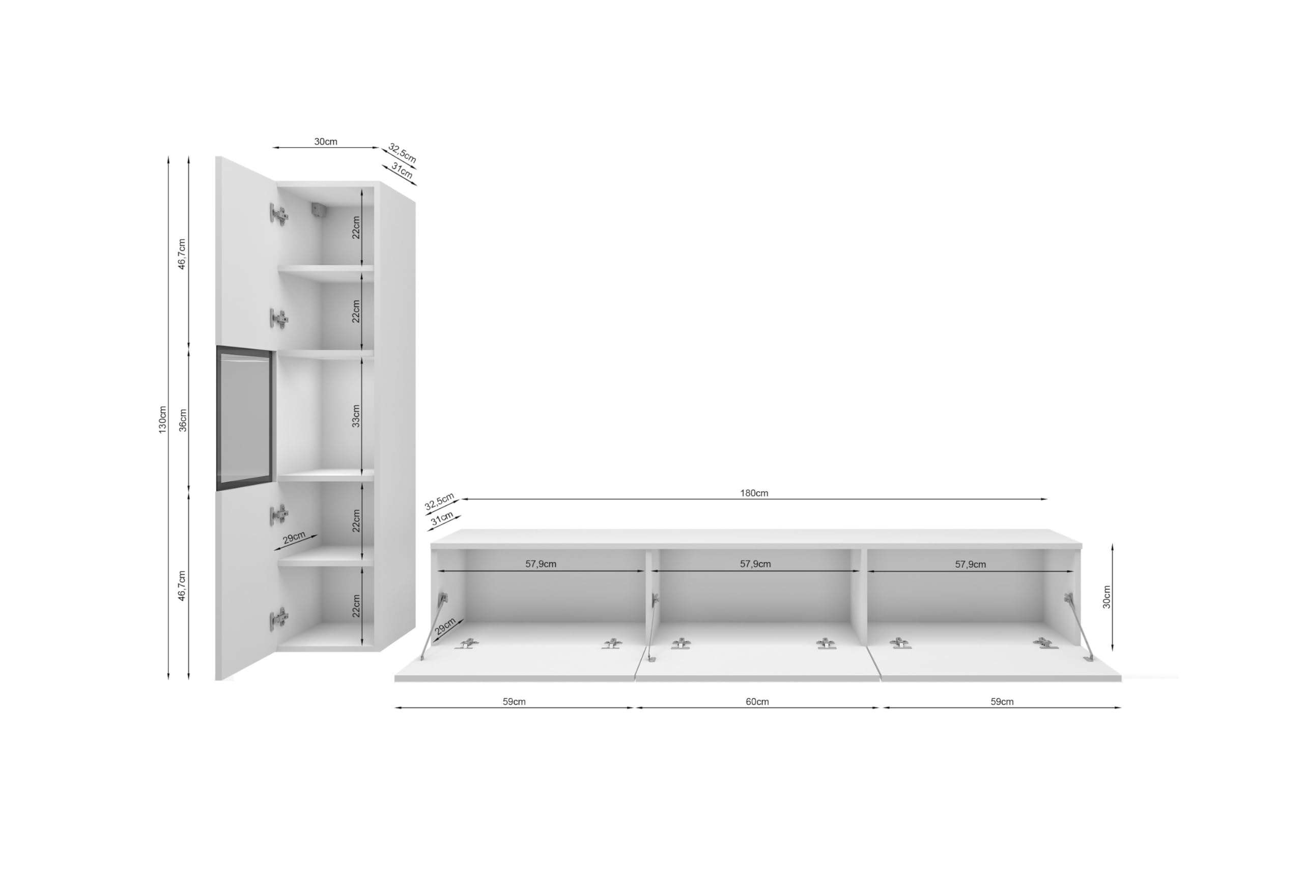 Conjunto de Muebles de salón Berlin I, Juego de Muebles de salón, Mueble TV 180 cm, iluminación LED Opcional, Diferentes Acabados, Muebles de salón Modernos (Blanco/Wotan LED)