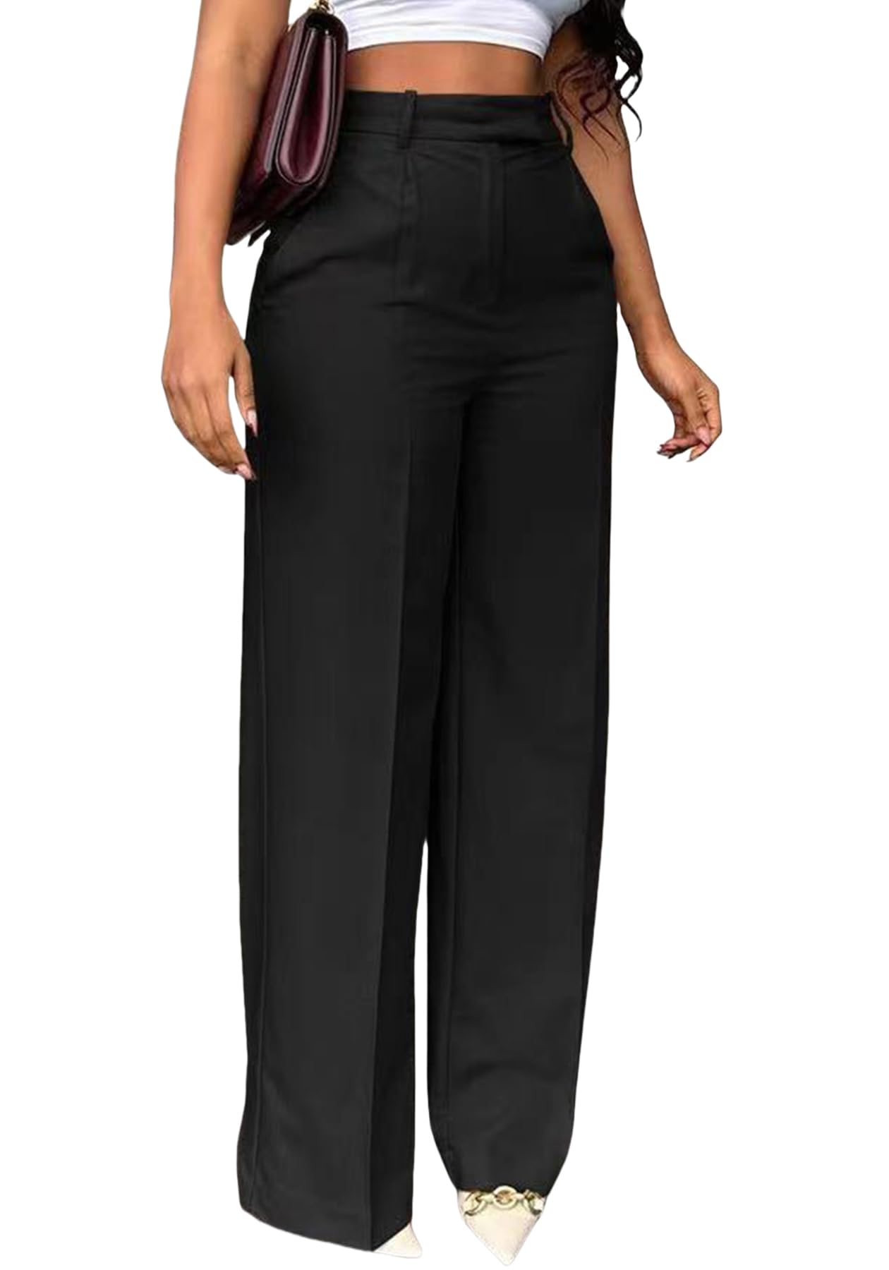 LKOUS Womens High Waisted Straight Wide Leg Dress Pants Stretchy Work Trousers with Pockets Business Casual
