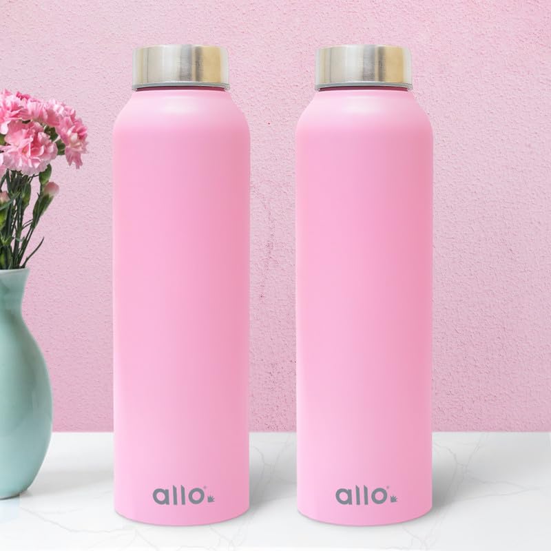 Image of Allo Stainless Steel Water Bottle For Adults, Kids 1 Litre Water Bottles For School, Office, Sports, Gym 1L Water Bottle For Men And Women, Pack Of 2 | Leak Proof & Bpa Free, Pink Steel Cap