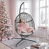NICESOUL Egg Swing Chair Outdoor Indoor, Boho Style Bird Nest Wicker Swinging Chair with Stand, 350Lbs Comfy Hanging Hammock Chairs with Cushions, All-Weather Egg-Shape Seat for Deck, Garden, Gray