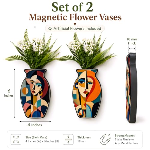 Image of Regalo Casila Abstract Woman Face Art Magnetic Artificial Flower Vase Fridge Magnets Set of 2 Colorful Geometric Modern Refrigerator Kitchen Home Office Decor Gift