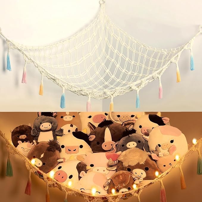 Macrame Stuffed Animal Hammock with Lights – Large Corner Plush Toy Storage Net, 100% Cotton 4mm Handwoven Organizer for Kids Room Nursery Décor