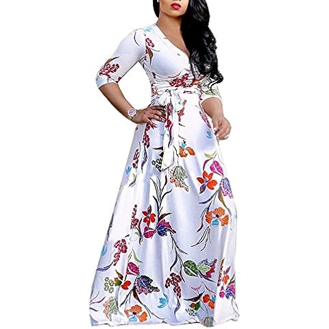 SheKiss Women's Sexy V Neck Long Sleeves Floral Print Loose Maxi Casual Stretch Long Dress with Belt Cover