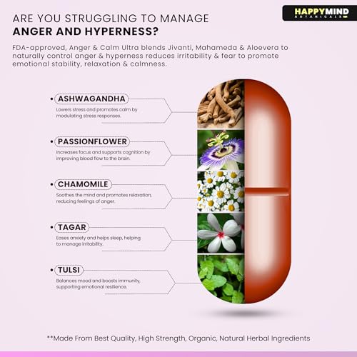 Image of HappyMind Botanicals Anger & Calm Ultra | Ayurvedic Anger Control Supplement for Calm Adults | Helps in Anger Management, Irritability & Emotional Relief | Ashwagandha, Tagar, Gulab | 60 Vegan Tablets