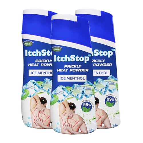 Image of Itchstop Prickly Heat Powder | Fast Cooling Relief from Prickly Heat, Rashes, Itching, Sunburn, Sweat, Excess Moisture, Body Odor, Skin Burning & Irritation | Keeps Skin Fresh, Dry & Free from Bacteria All Day | Fine-Textured Talc for All Ages - Adults & Kids | 150g (Ice Menthol (Pack of 3))