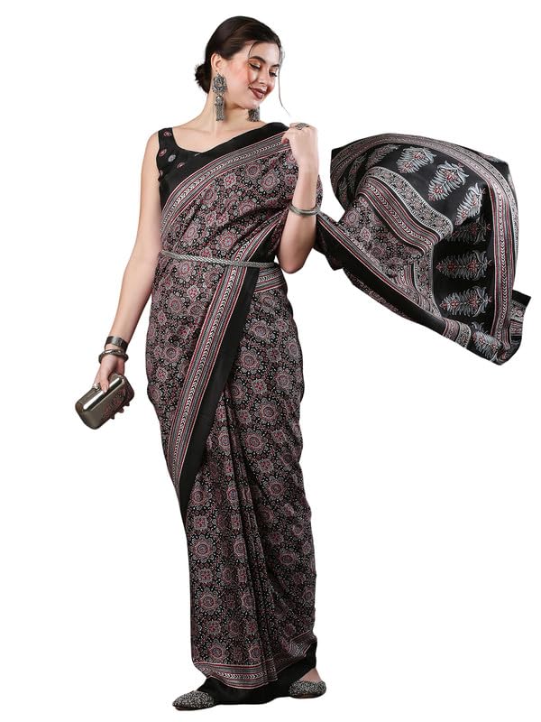 SAREE MALLWomen's Ajrak Block Print Dola Silk Saree With Unstitched Blouse Piece