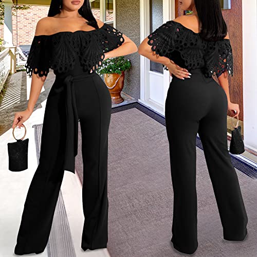 Image of Off Shoulder Jumpsuit for Women High Waist Wide Leg Long Pants Jumpsuits
