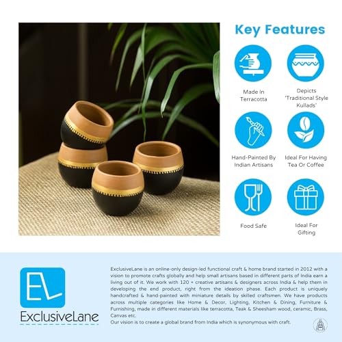 Image of ExclusiveLane Hand-Painted 'Terra-Sips' Kullads in Earthen Terracotta (Set of 4) - Kulhad Tea Cups Tea Sets Coffee Cups Mugs Cutting Chai Tea Glasses ,165 Ml