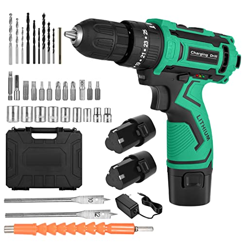34 Stück Akkuschrauber Set - 12V Akku Bohrschrauber mit 2 Akkus 2000mAh, Akku Bohrmaschine 35Nm Drehmoment, 25+1 Drehmomentstufen, 2-Gang, LED-Licht, Drills Set für Haus Elektriker und Garten DIY