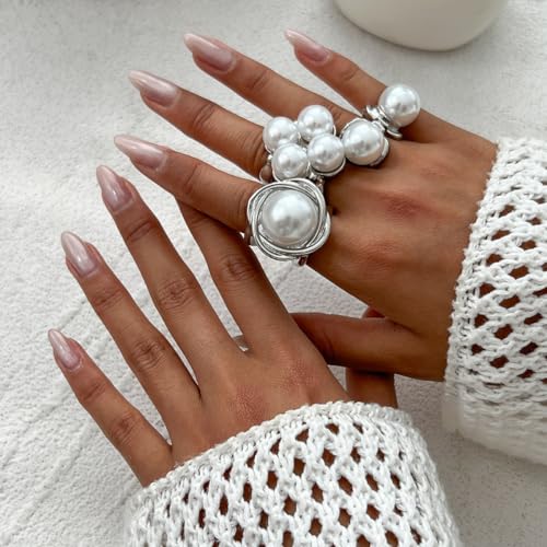 Chunky Gold Pearl Ring Set for Women Stackable Knuckle Rings Minimalist Statement Ring Set Adjustable Baroque Pearl Ring Sets Bridal Party Wedding Accessories2