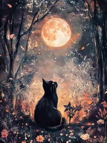 Black Cat Moon 5D DIY Diamond Painting Kits for Adults Diamond Art Kits for Beginners Full Drill Dot Painting Gem Art Kits for Home Wall Decor11.8 x15.7 Inch