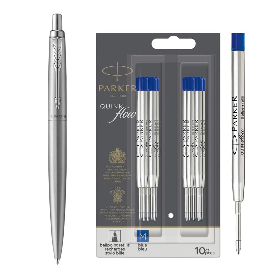 Parker Bolígrafo Jotter XL | Acero inoxidable monocromático | Punta media | Tinta azul | Caja de regalo | Juego con 10 recambios de tinta azul QUINKflow
