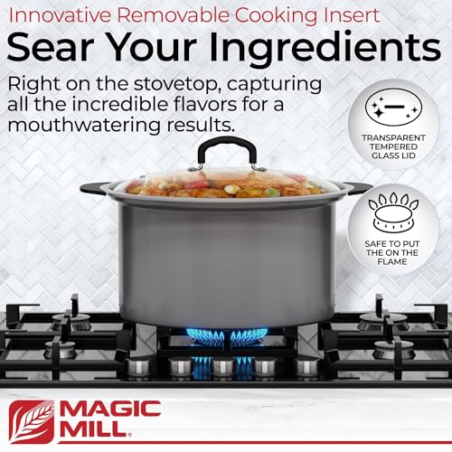 Magic Mill Slow Cooker 10 Quart | Extra Large Non-Stick Metal Searing Pot & Transparent Tempered Glass Lid Multipurpose Lightweight Slow Cookers, Pot is Safe to Put the On the Flame, Dishwasher Safe