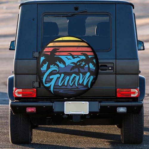 Image of Guam Island Flag Palm Trees Spare Tire Cover Weatherproof Wheel Protectors Dust-Proof Sun Protection Wheel Tire Covers Universal Fit for Truck SUV RV Camper Trailer Car Accessories 17 inch
