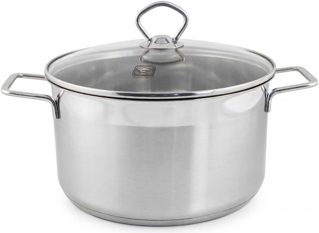 Duży garnek do gotowania ze stali nierdzewnej Ø 24 cm 6,1 l ze szklaną pokrywką, indukcja, zintegrowana skala pomiarowa