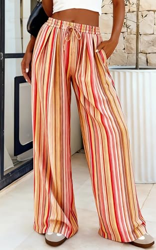 Image of PRETTYGARDEN Womens Pants Elastic Waist Floral Lightweight Palazzo Pants for Women Casual Lounge Wide Leg Pants Woman