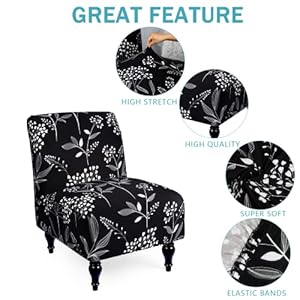Armless Accent Slipper Chair Cover Slipcover,Stretch Spandex Printed Removable Non-Slip Silp Cover for Accent Chair Without Arms for Living Dining Room(Black/Leaves,1) Armless Accent Slipper Chair Cover SlipcoverStretch Spandex Printed Removable Non Slip Silp Cover for Accent Chair Without Arms for Living Dining RoomBlackLeaves1