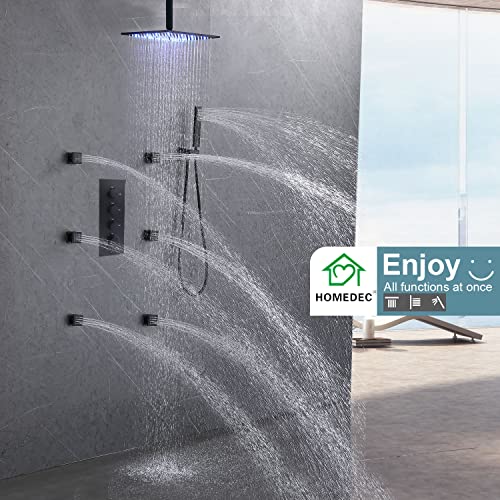 Luxury Black Shower Jet System In Wall, Homedec 16Inch Led Rainfall Shower Full Body Rain Shower System With Jets, Large Flow, Can Use All Functions At A Time #TOP2