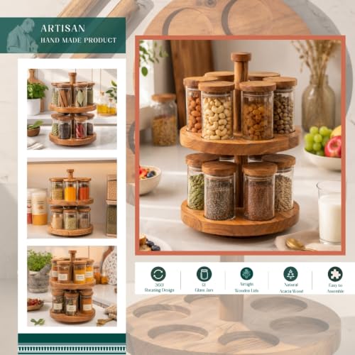 Image of Masara Rotating Spice Rack with 12 Glass Jars & Airtight Acacia Wood Lids | 360 Wooden Masala Stand Organizer | 240ml Jars | Kitchen Spice Storage Carousel | 10 x 10 x 14.5 Inches