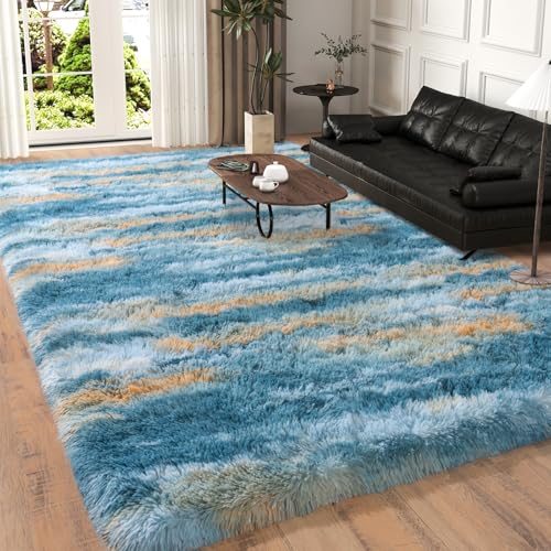 Dssimo Super Fluffy Area Rug for Bedroom, 4x6 Feet Modern Shag Blue Yellow Rugs, Soft and Cozy Plush Carpet for Kids,Girls Boys and Teens Decorations for Living Room Dorm Classroom, Blue Yellow