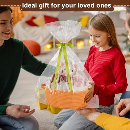Image of OIAHOMY Gift Basket with Handle, Small Woven Basket with Gift Bag, Ribbon and Wrap Tissue Paper, Nursery Bins Empty to Fill with Small Items, Baby, Pet Toy Organizer - Orange