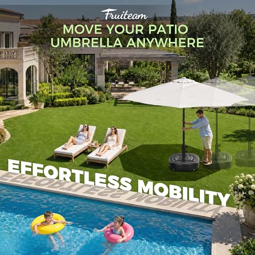 Image of FRUITEAM 154lb Capacity Fillable Mobile Umbrella Base with 4 Wheels, Wind-Resistant Heavy Duty Patio Umbrella Base Market Stand Water or Sand Filled, for Patio, Deck, Poolside w / 2 Locks, 2 Knobs