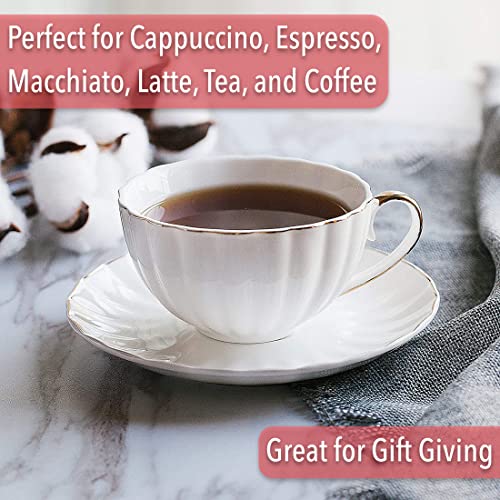 Btat- Tea Cups And Saucers, Set Of 6 (7 Oz) With Gold Trim And Gift Box, Cappuccino Cups, Coffee Cups, White Tea Cup Set, British Coffee Cups, Porcelain Tea Set, Latte Cups, Espresso Mug, White Cup #TOP5