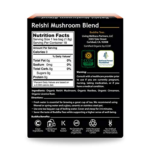 Buddha Teas - Organic Reishi Mushroom Blend - Herbal Tea - For Health & Wellbeing - With Antioxidants & Minerals - Clean Ingredients - Caffeine Free - OU Kosher & Non-GMO - 18 Tea Bags (Pack of 1)