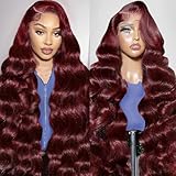 30 Inch 99j Burgundy 13x6 Body Wave Lace Front Wigs Human Hair 200% Density Glueless HD Transparent Lace Frontal Wigs Human Hair Pre Plucked With Baby Hair Burgundy Wine Red Human Hair Wigs For Women