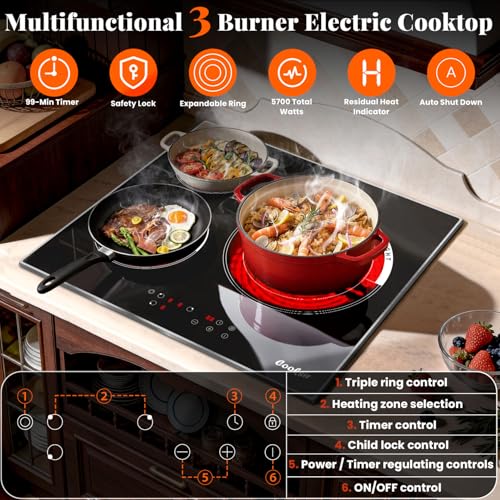 Image of 24 Inch Electric Cooktop 3 Burner 5700W