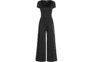 Women's Summer Scoop Neckline Short Sleeve Casual Wide Leg Jumpsuit with Pockets