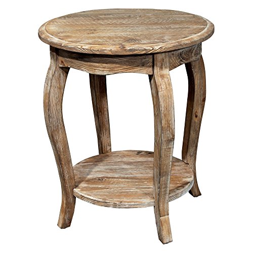 Austerity 20 Inch Rustic Round End Table with Curved Legs, Scalloped Edges, and Lower Shelf in Driftwood Finish, Natural and White Textured Antique Look - Ideal for Accent Décor by Alaterre Furniture