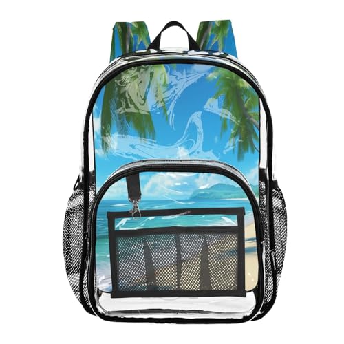 Palm Sea Beach Clear Backpack - Stadium Approved Large 15.7-inch Waterproof Transparent Bag for Sports, Concerts, Work, Travel#140
