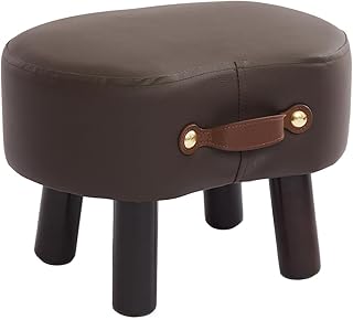 Small Footstool with Handle, PU Fabric Ottoman Foot Rest with Padded Seat, Curved Foot Stool with Wooden Legs, Portable Foot Rest for Living Room, Bedroom, Entryway, Brown