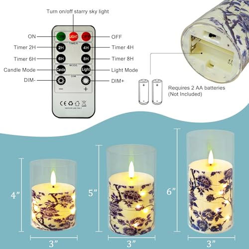 Image of Floral Flickering Flameless Candles, Recessed String Light LED Candles 3D Wick Acrylic Battery Operated LED Pillar Candles with Remote and Timer for Home Decor Set of 3(Blue Floral Printed)