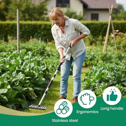 Image of HASTHIP Garden Rake 8-Spike Steel Detachable Long Handle for Yard