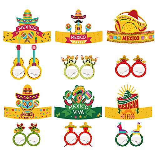 ZOOMPIL - ZOOMPL 6 Pièces Chapeaux de Fête Sombrero et 6 Pièces Fête Lunettes Masque, Verres en papier et chapeaux en papier, Décoration pour une soirée Mardi Gras sur le thème de la Fiesta mexicaine