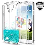 Galaxy S4 Case,S4 Glitter Case with HD Screen Protector for Girls Women,LeYi Cute Bling Shiny Moving Quicksand Liquid Clear TPU Protective Phone Case Cover for Samsung Galaxy S4 ZX Turquoise